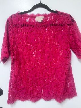 Fuchsia Floral Lace Short Sleeve Blouse - Women